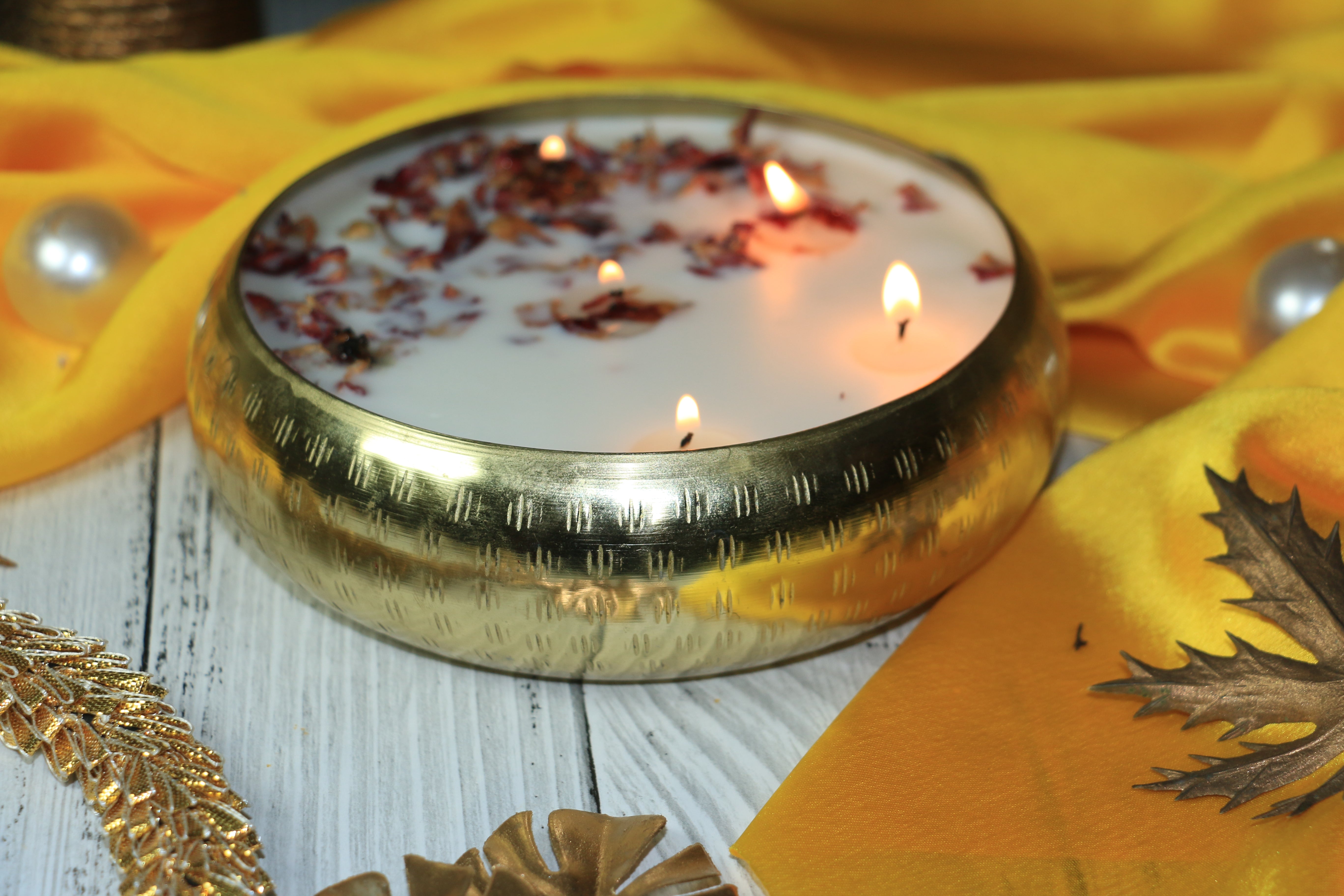 Round Hammered Urli Candle – Rose & Oud Blend | Luxury Décor & Fragrance