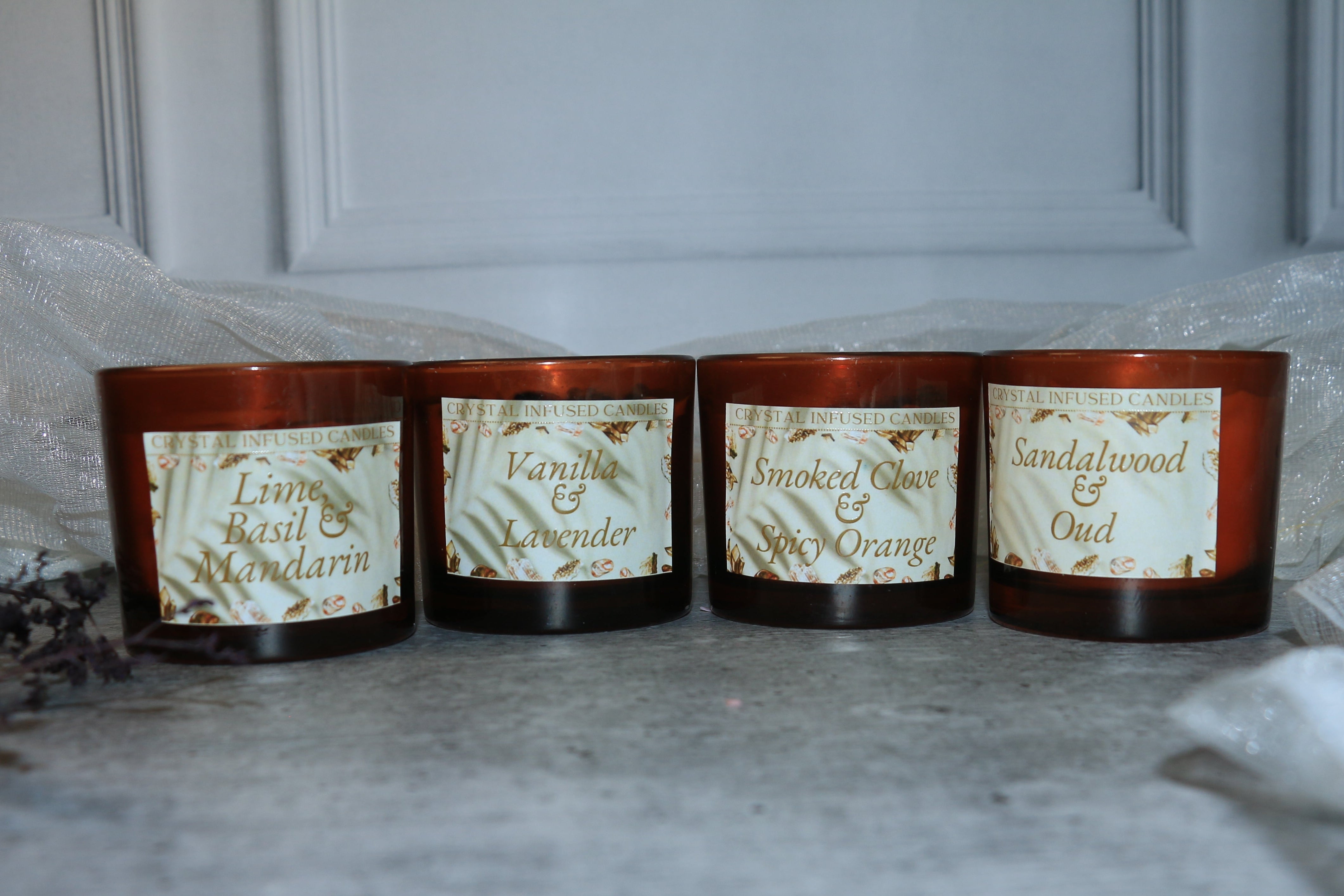 Amber Jar Crystal Candle Collection – 100g – Soy Wax Luxury Aromatherapy with Semi-Precious Stones