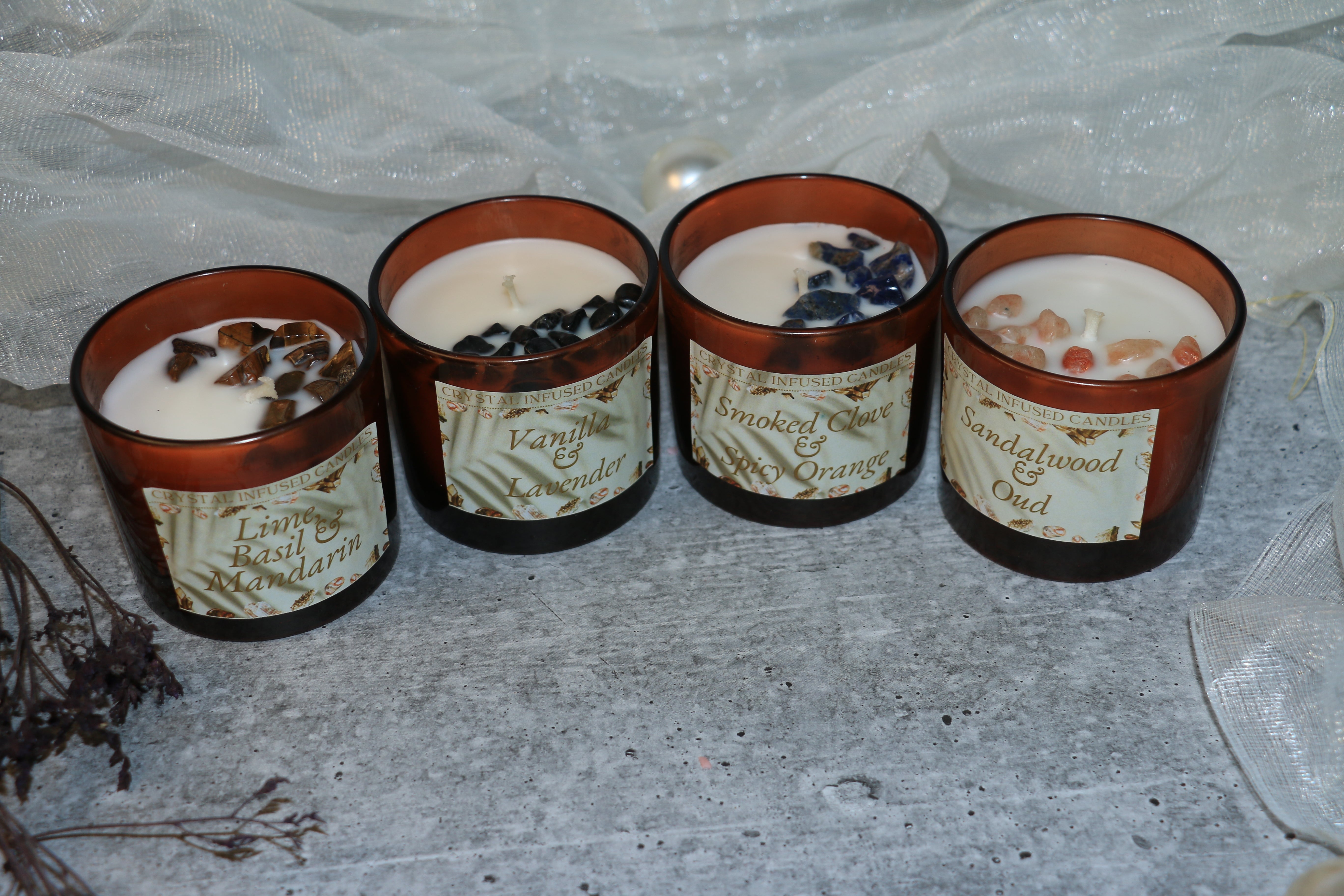 Amber Jar Crystal Candle Collection – 100g – Soy Wax Luxury Aromatherapy with Semi-Precious Stones