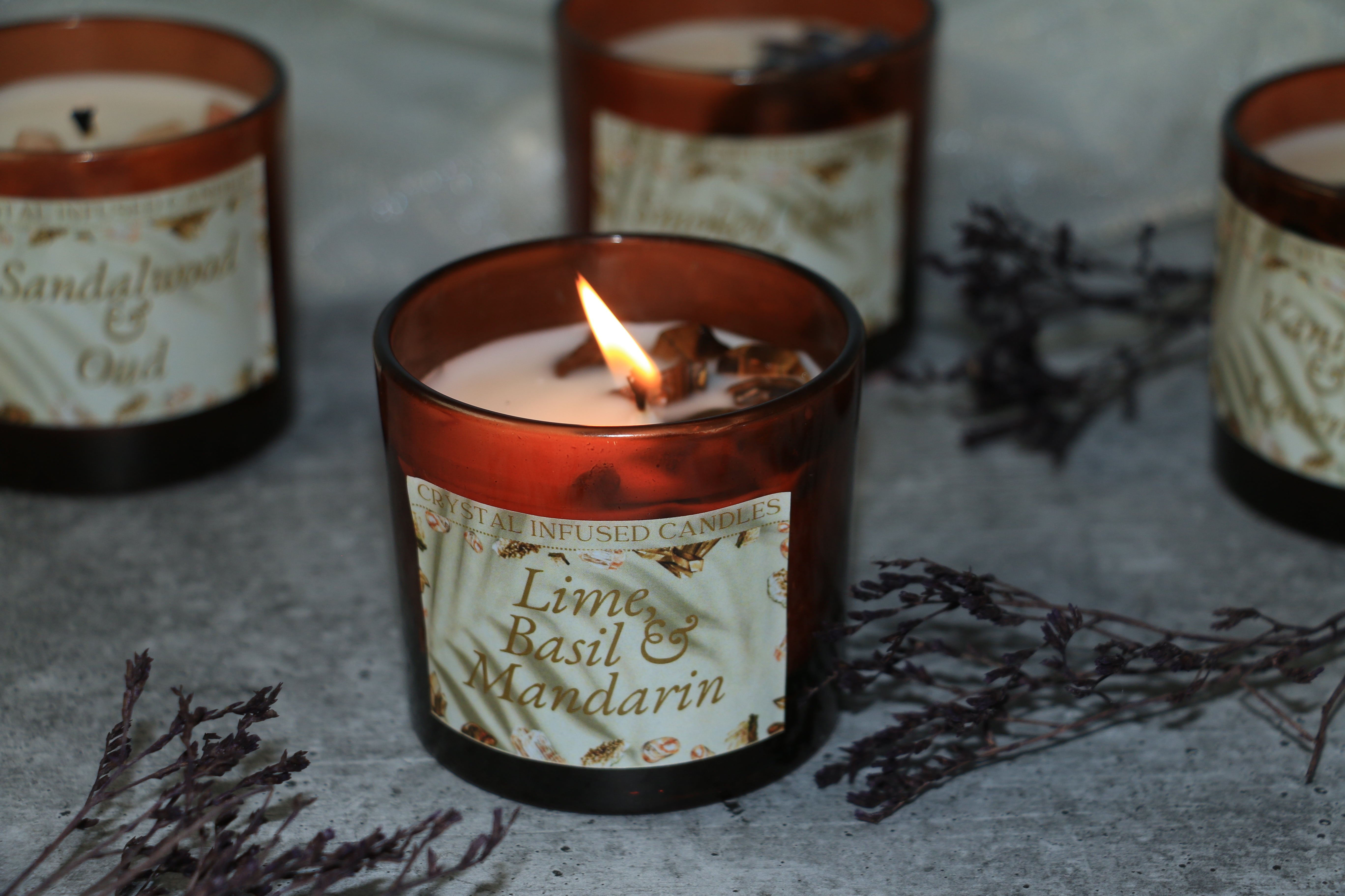 Amber Jar Crystal Candle Collection – 100g – Soy Wax Luxury Aromatherapy with Semi-Precious Stones