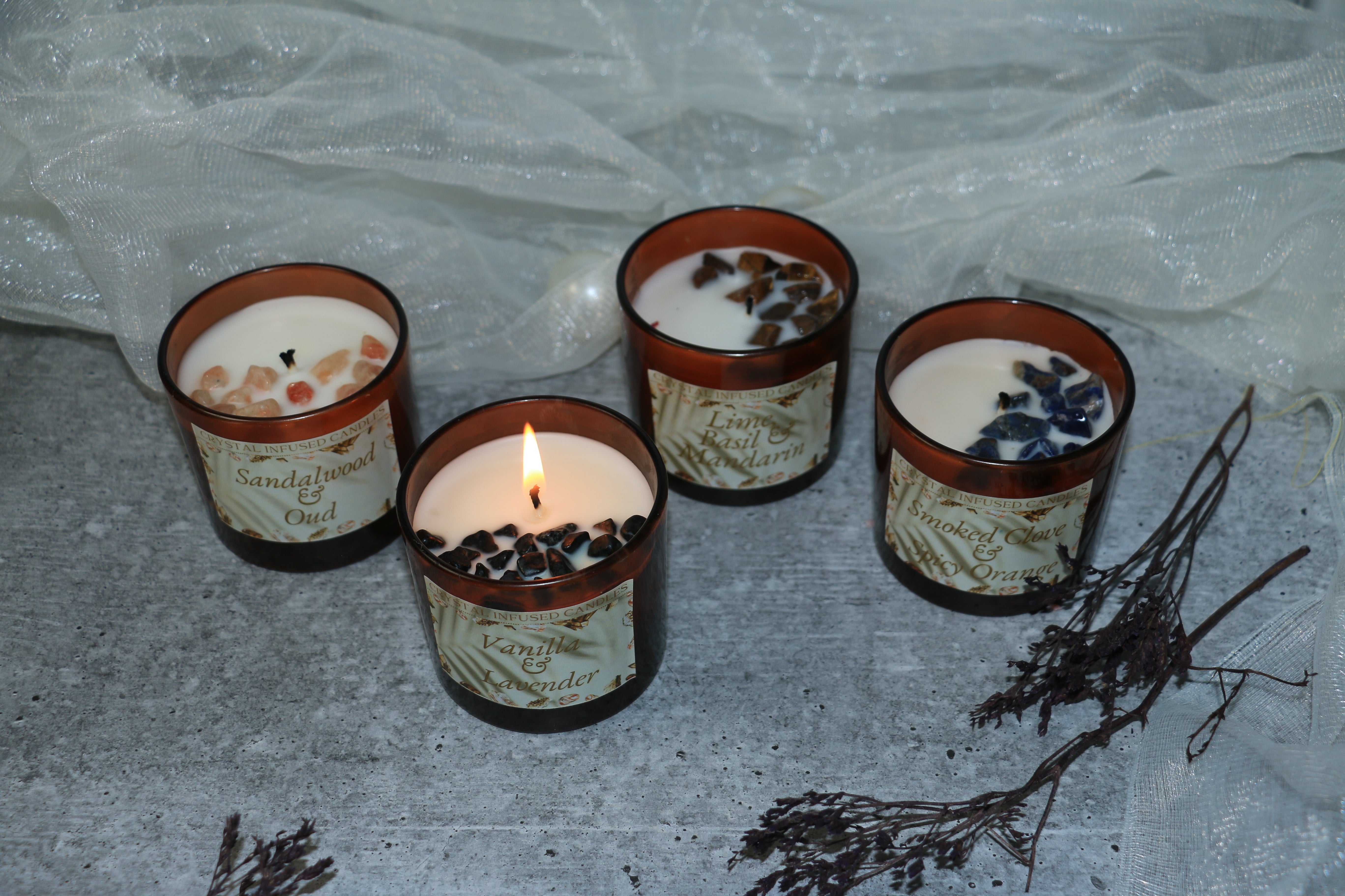 Amber Jar Crystal Candle Collection – 100g – Soy Wax Luxury Aromatherapy with Semi-Precious Stones